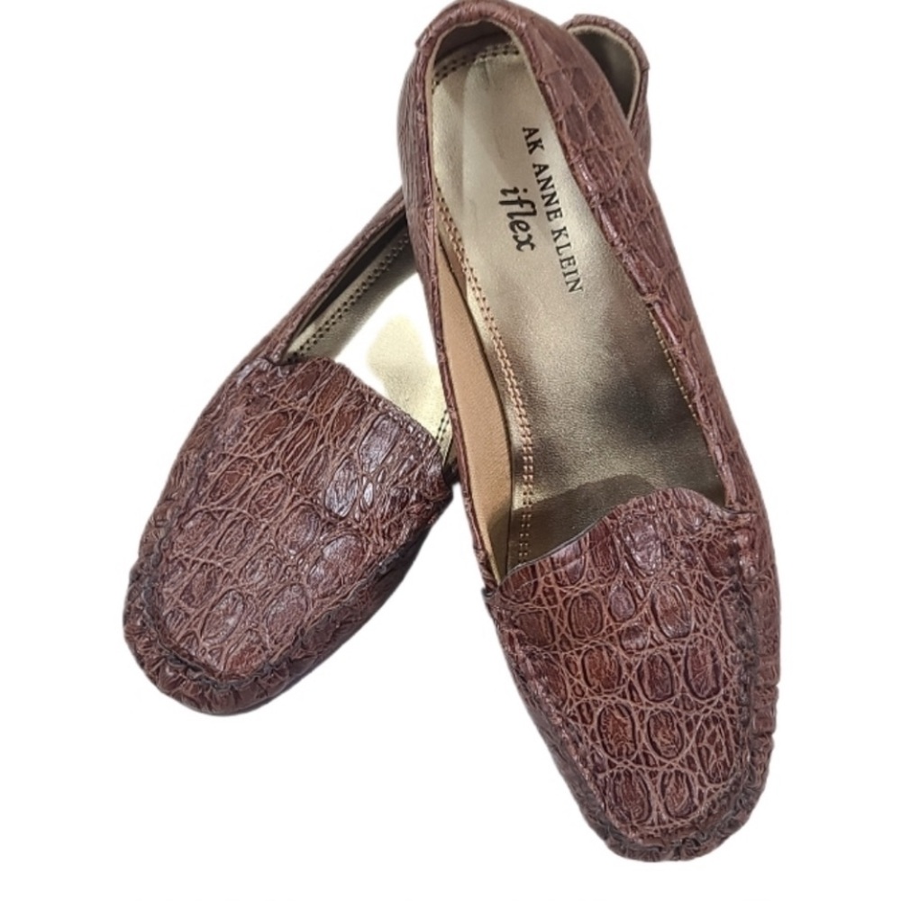 Anne Klein iflex Brown Faux Leather Alligator Comfort Loafers Shoes